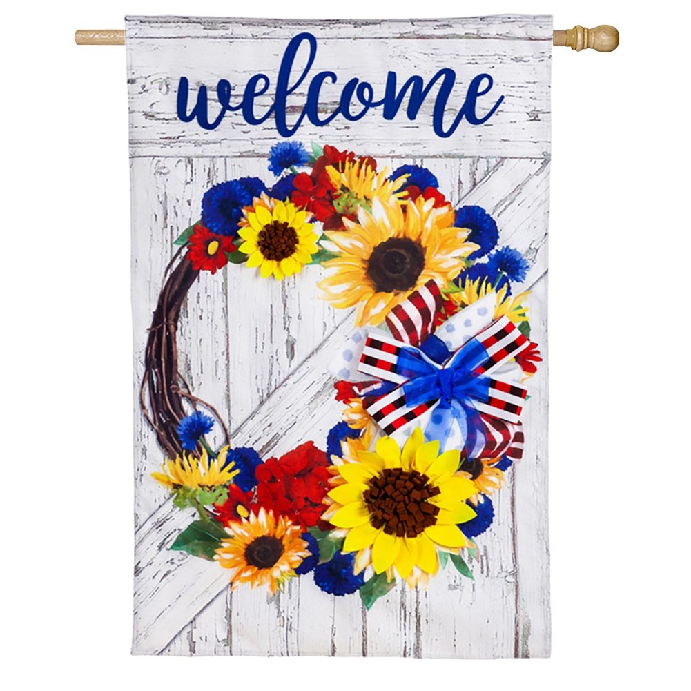 Americana Floral Wreath Burlap Double Sided House Flag