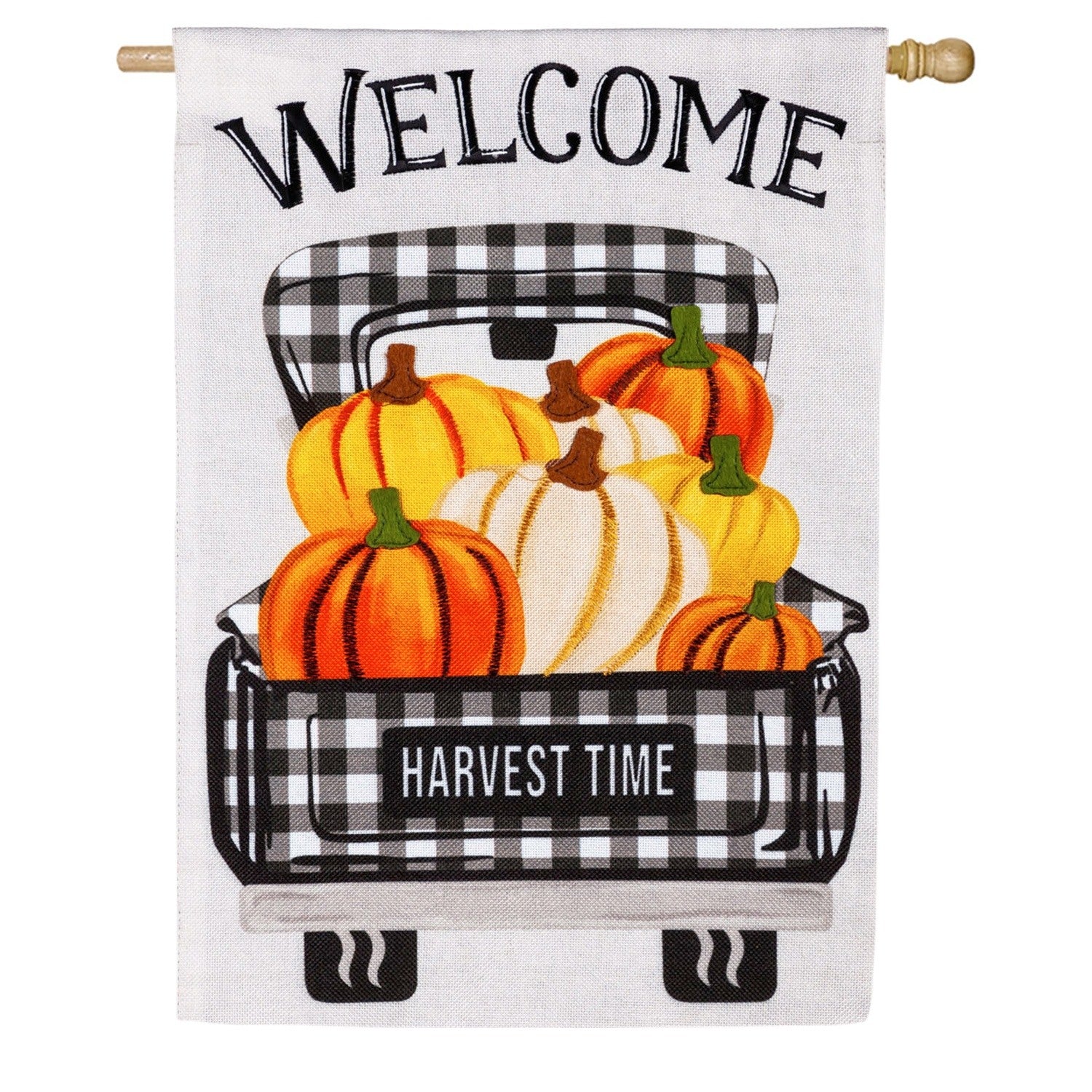 Pumpkin Plaid Truck Burlap Double Sided House Flag