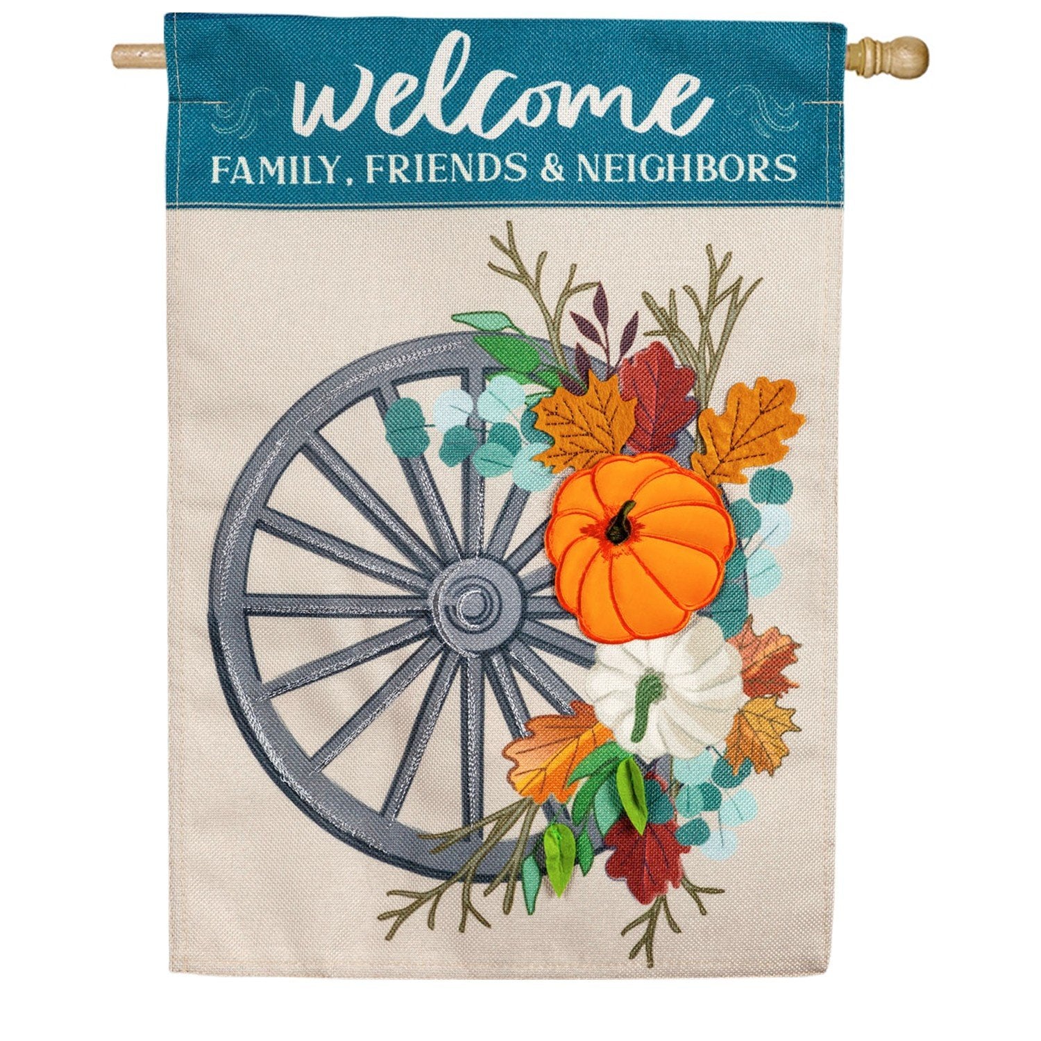 Evergreen Welcome Wagon Wheel Burlap House Flag