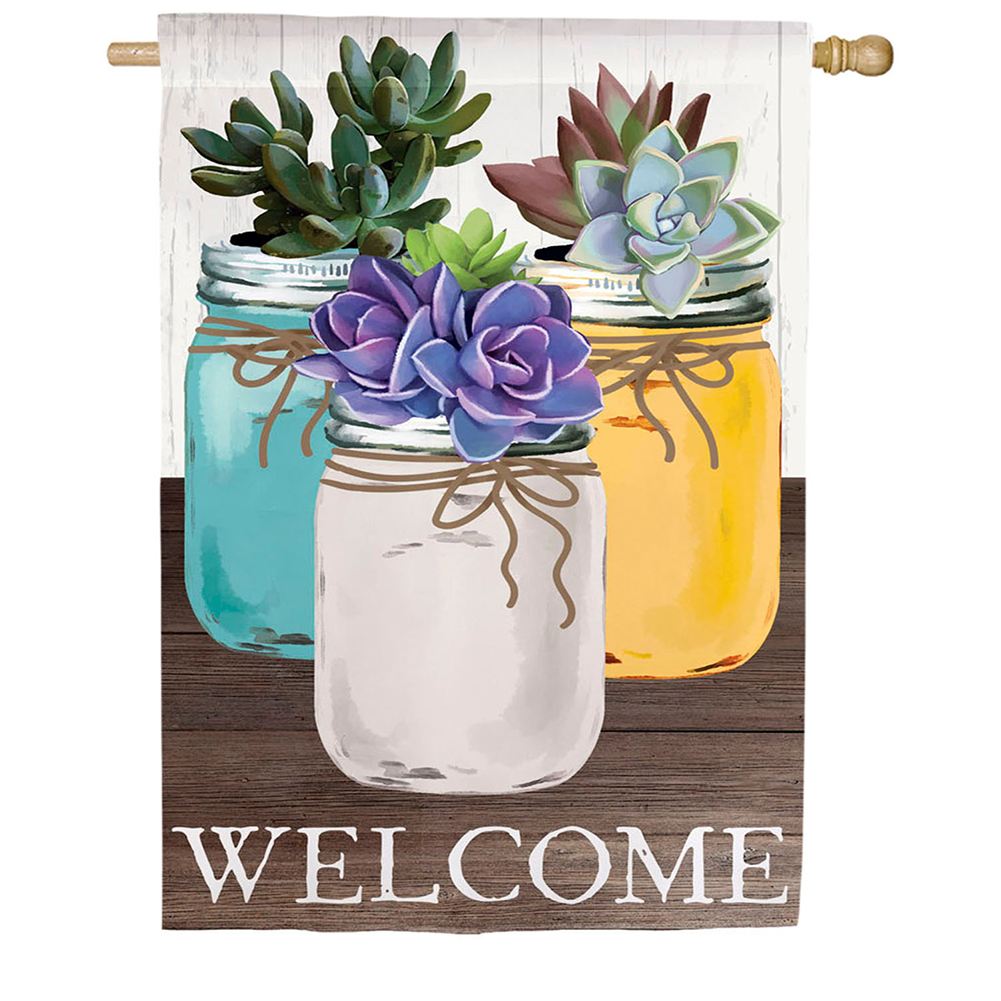 Evergreen Mason Jar Succulents House Flag