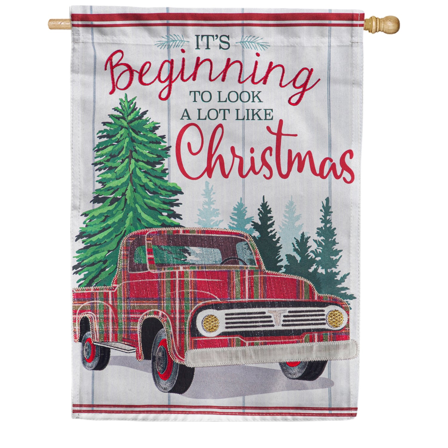 Evergreen Plaid Christmas Truck House Flag
