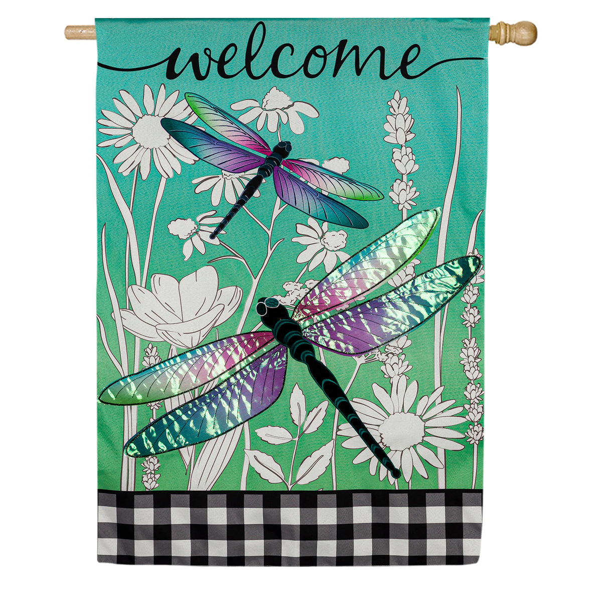 Evergreen Dragonflies and Wildflowers House Flag