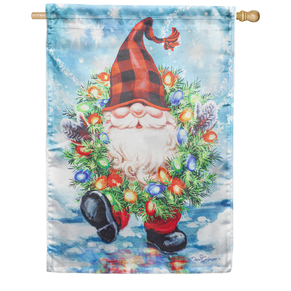 Evergreen Gnome with a Christmas Wreath House Flag