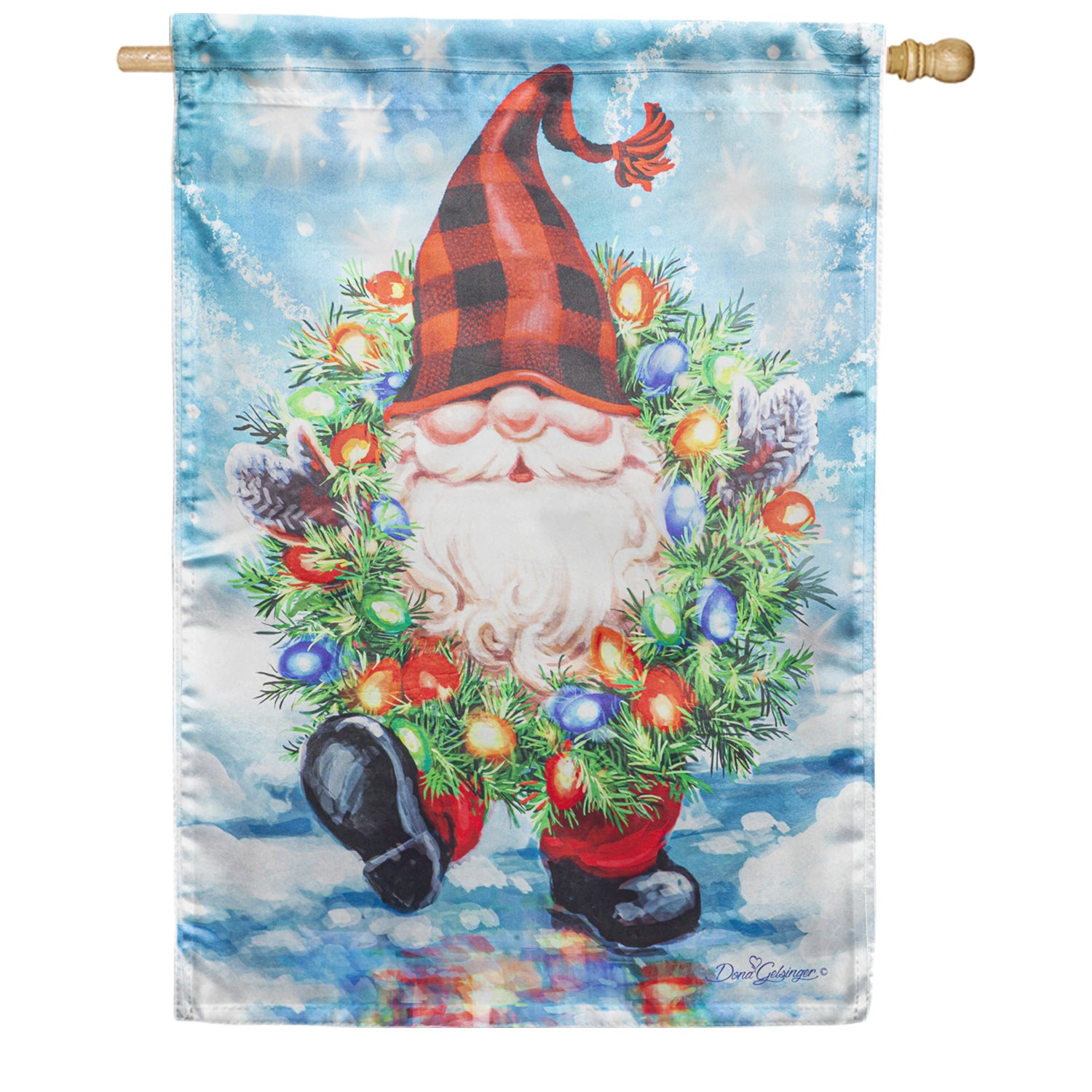 Evergreen Gnome with a Christmas Wreath House Flag