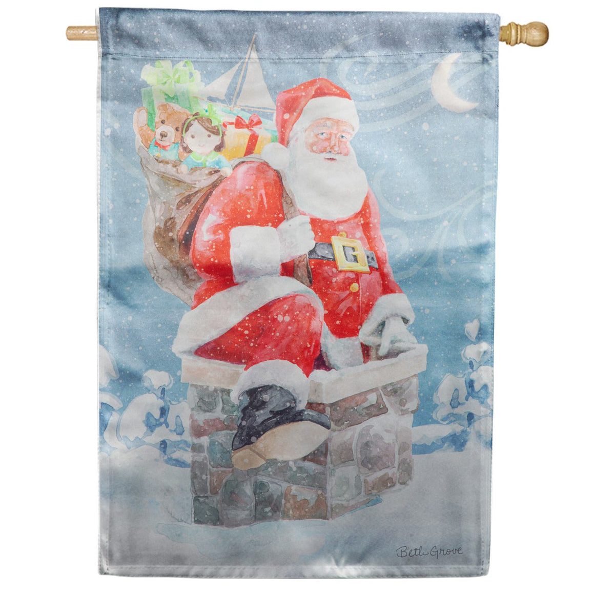 Evergreen Santa in the Chimney Lustre House Flag
