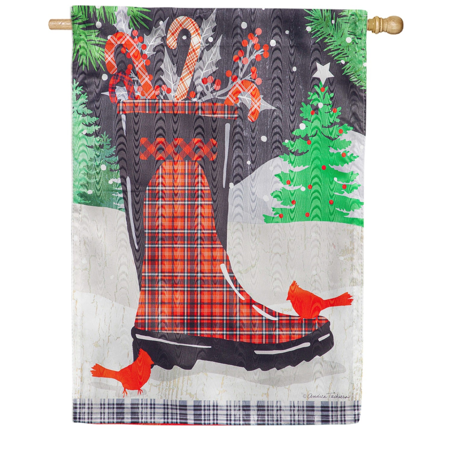 Evergreen Holiday Plaid Boot House Flag