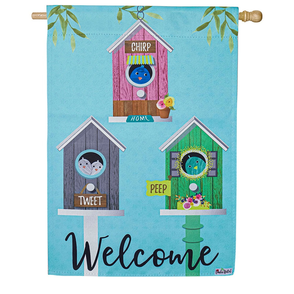 Evergreen Birdhouse Friends Welcome House Flag