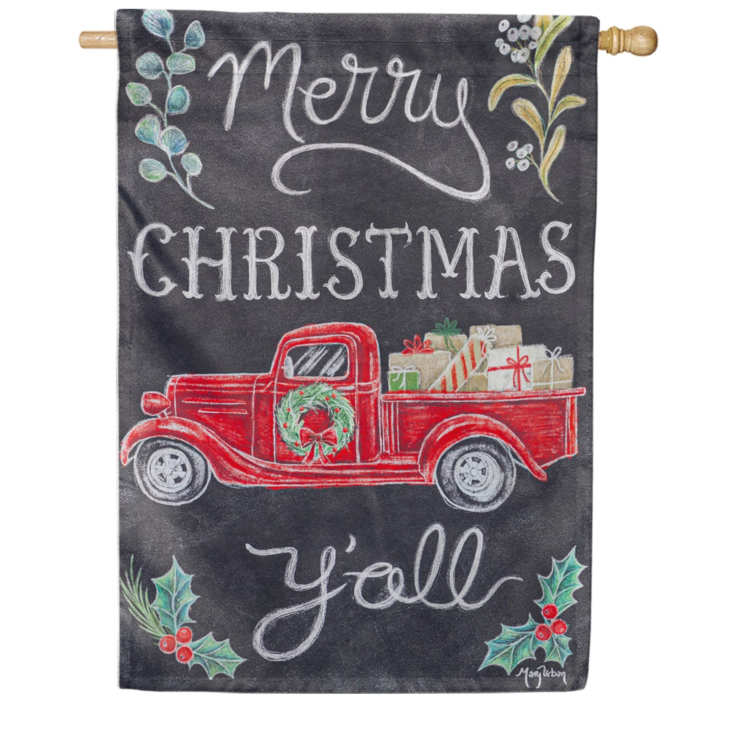 Evergreen Merry Christmas Y'all Red Truck House Flag