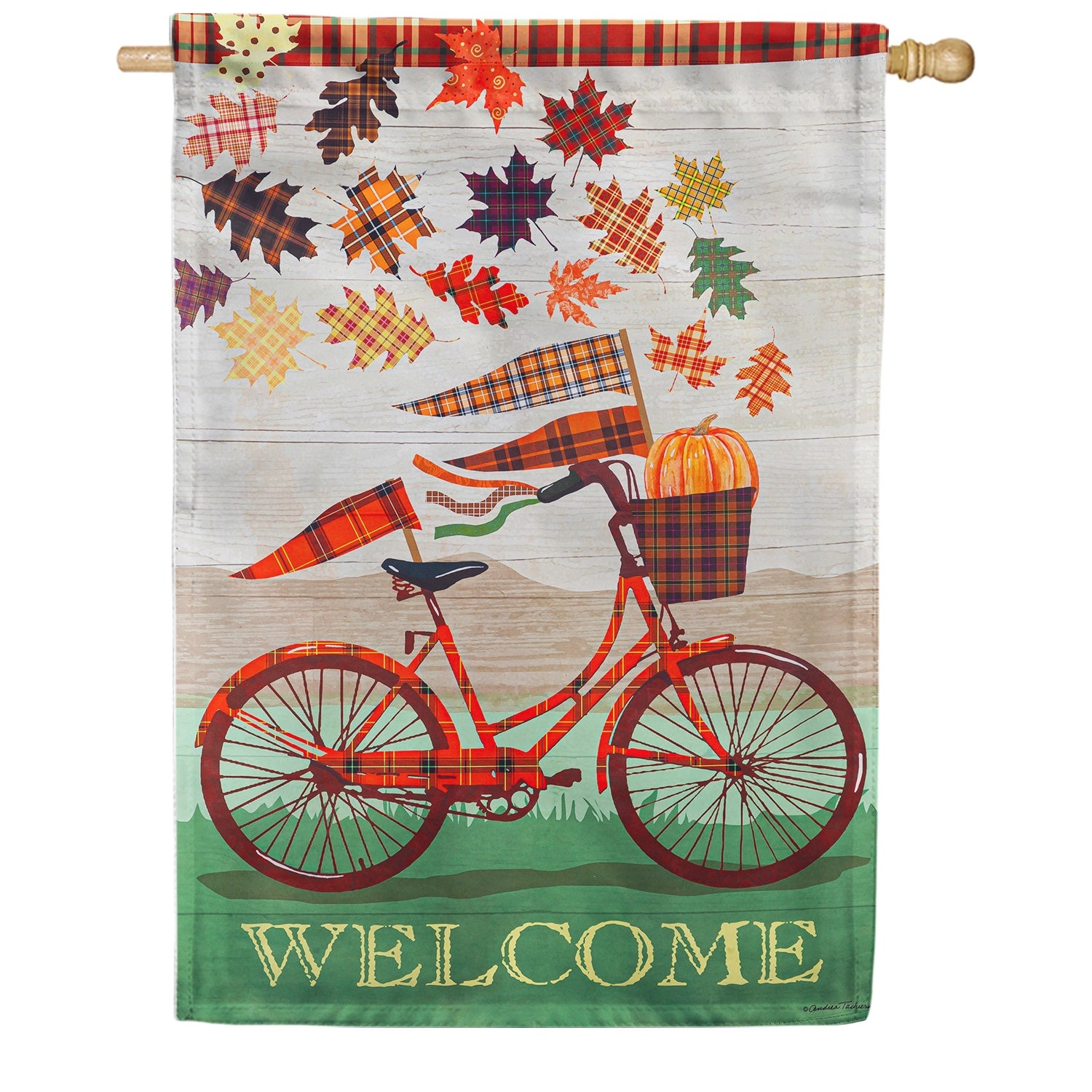 Fall Bicycle Plaid Double Sided House Flag