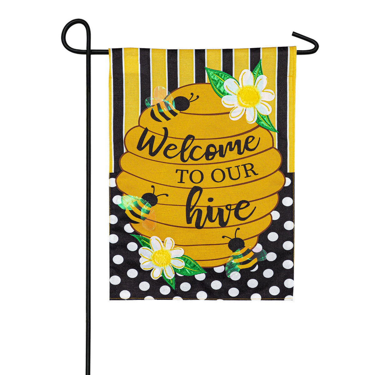 Evergreen Welcome to Our Hive Stripes and Dots Burlap Garden Flag