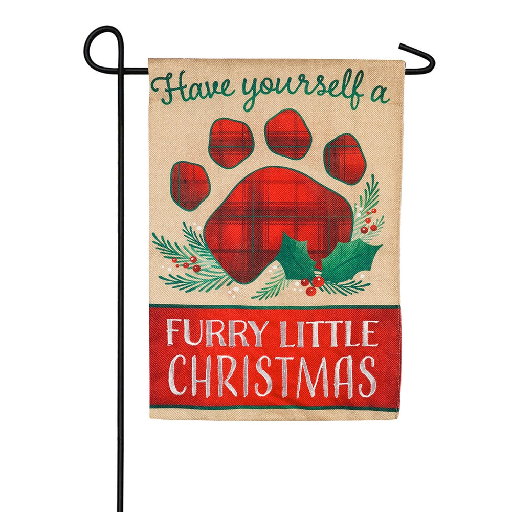 Furry Little Christmas Burlap Garden Flag