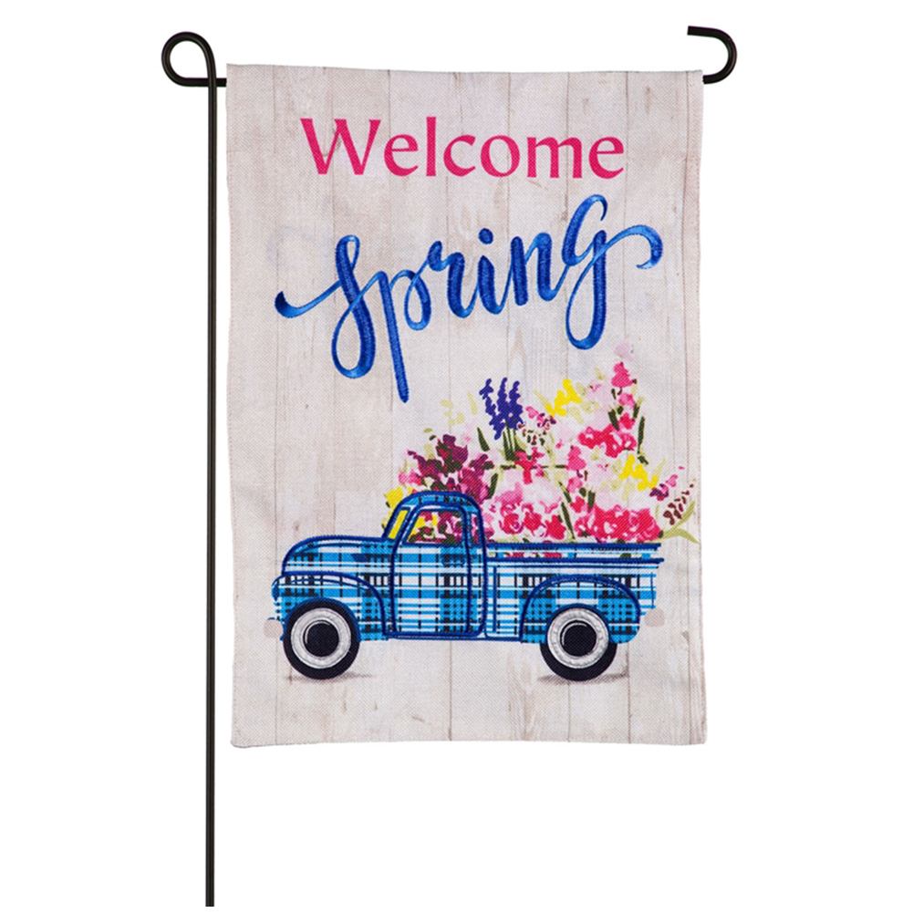 Welcome Spring Plaid Truck Burlap Garden Flag