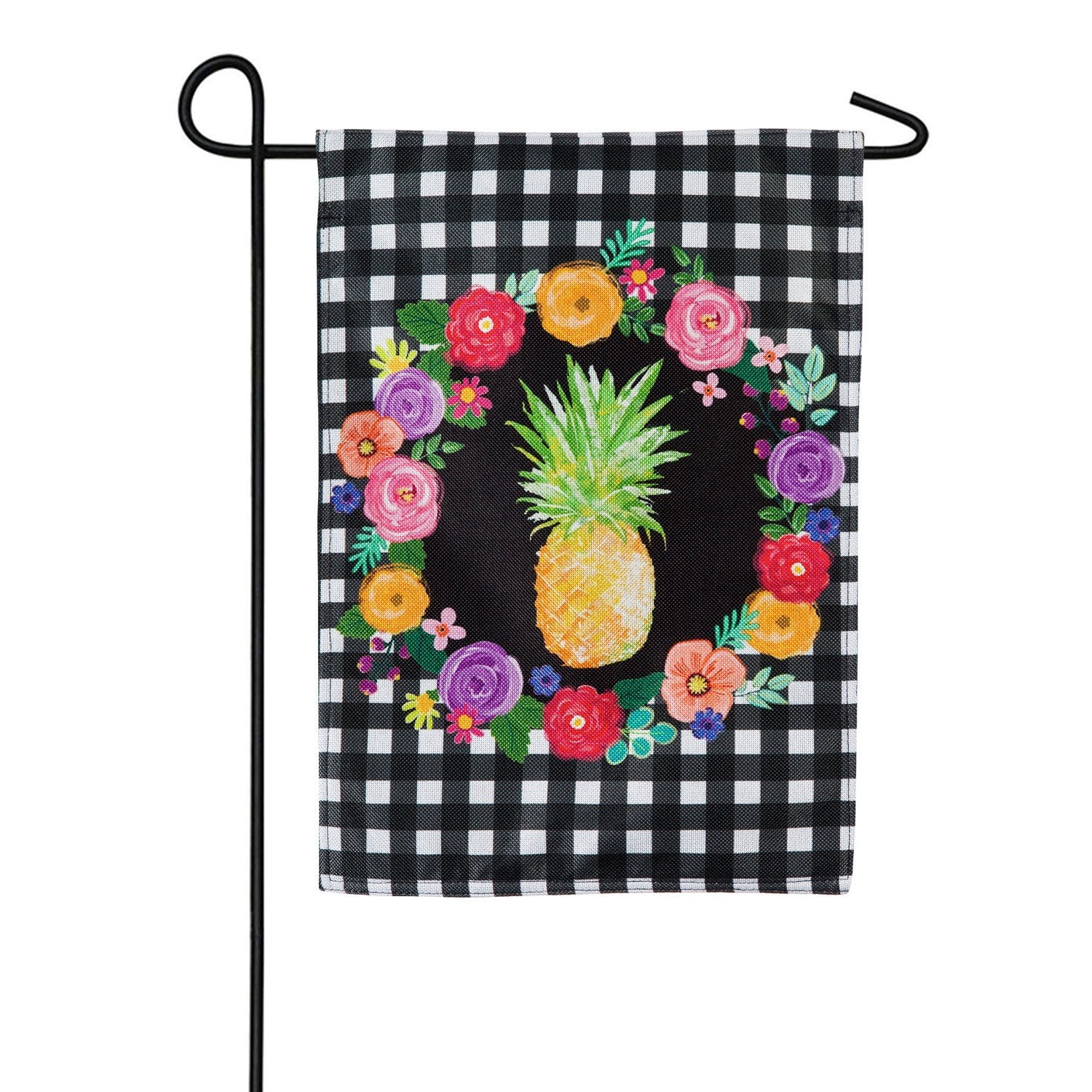Evergreen Pineapple Plaid Floral Burlap Garden Flag