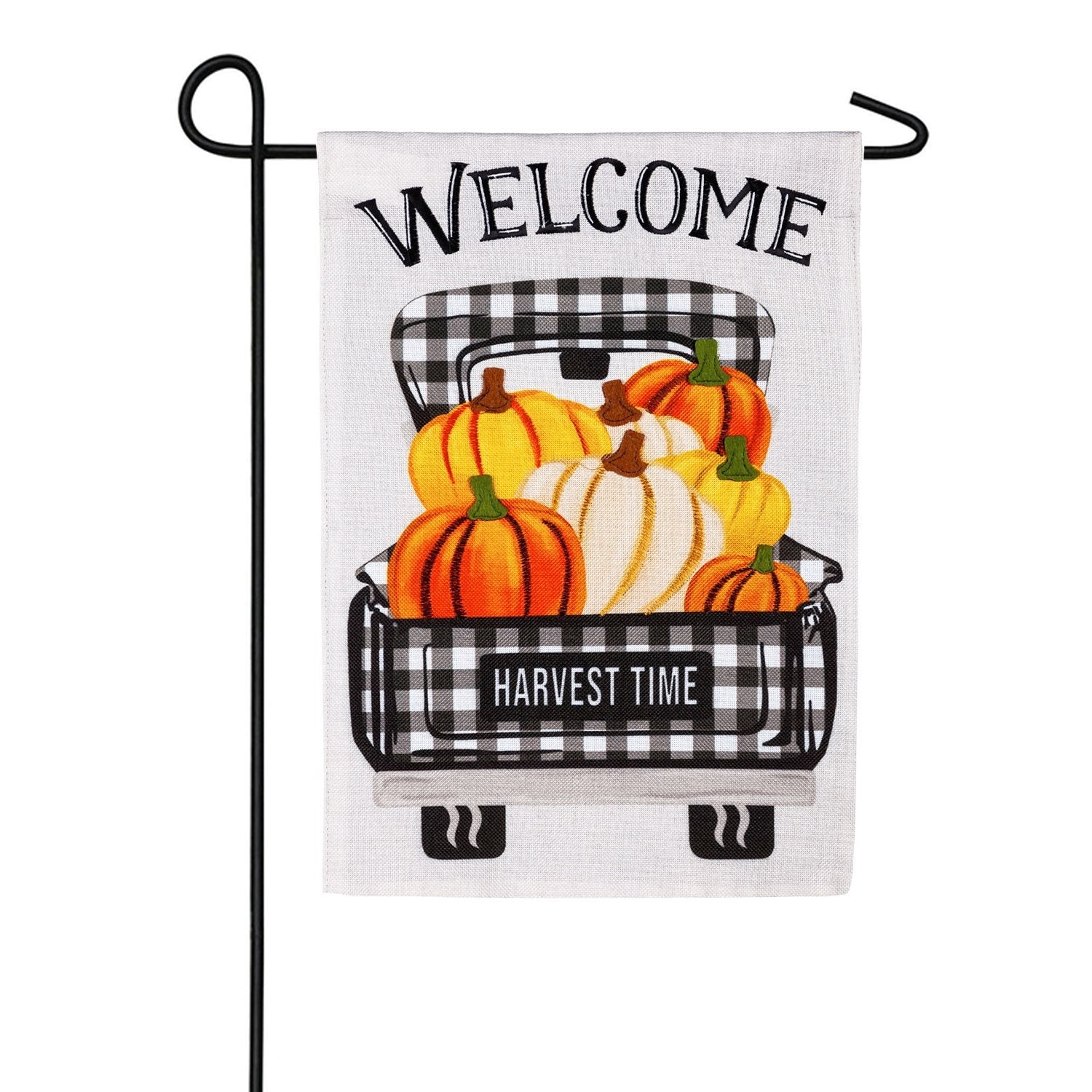 Pumpkin Plaid Truck Burlap Double Sided Garden Flag