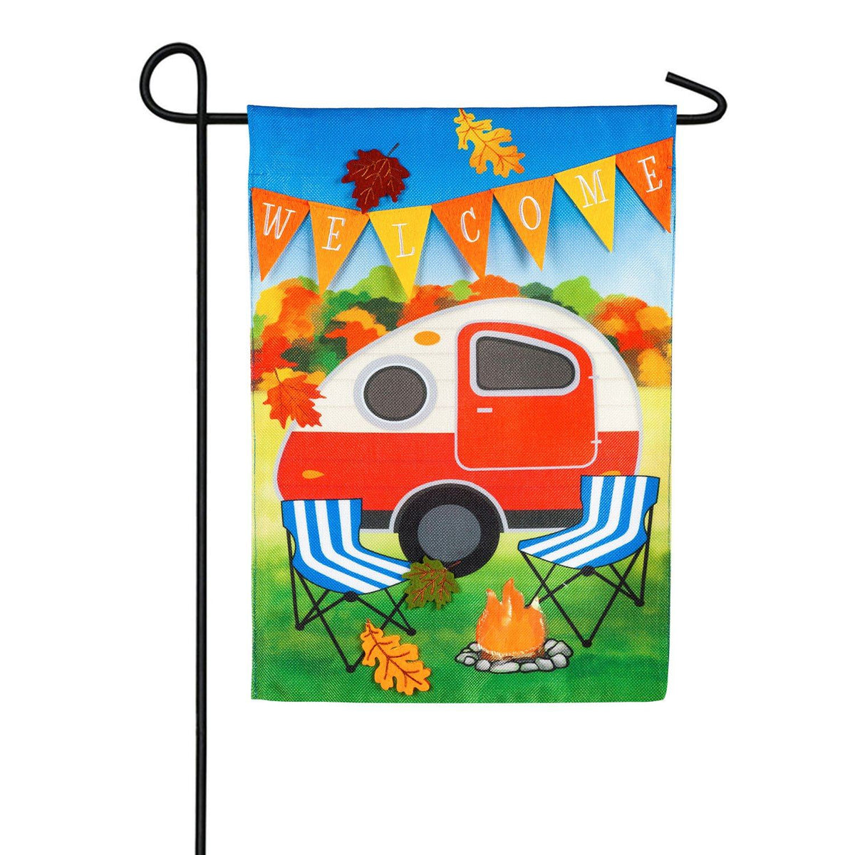 Evergreen Fall Camper Burlap Garden Flag