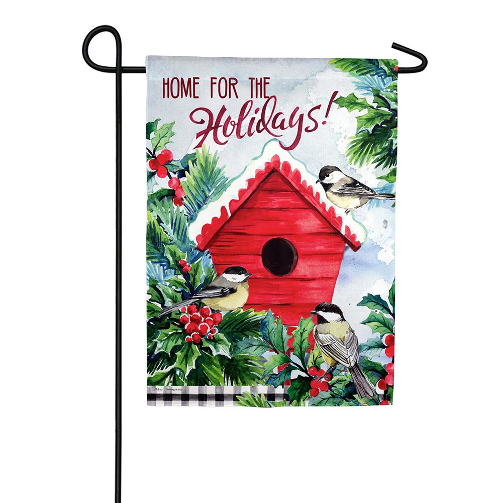 Chickadee Holiday Birdhouse Suede Textured Garden Flag