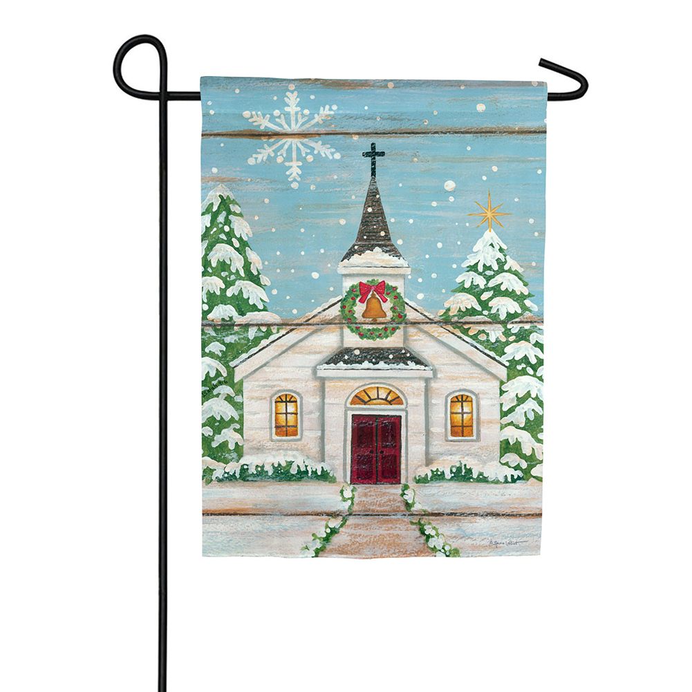 Evergreen Snowy Church Suede Textured Garden Flag