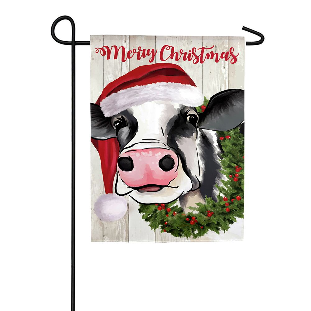 Evergreen Christmas Cow Linen Garden Flag