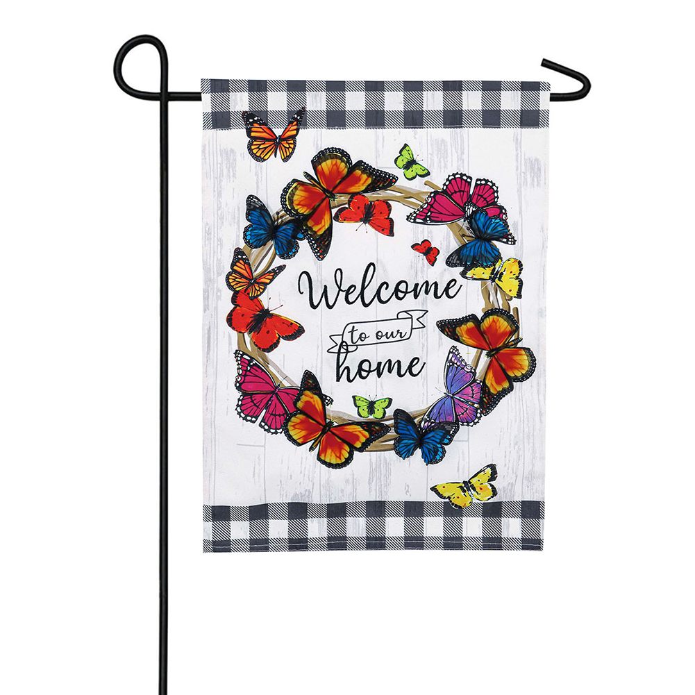 Butterfly Welcome Wreath Linen Garden Flag