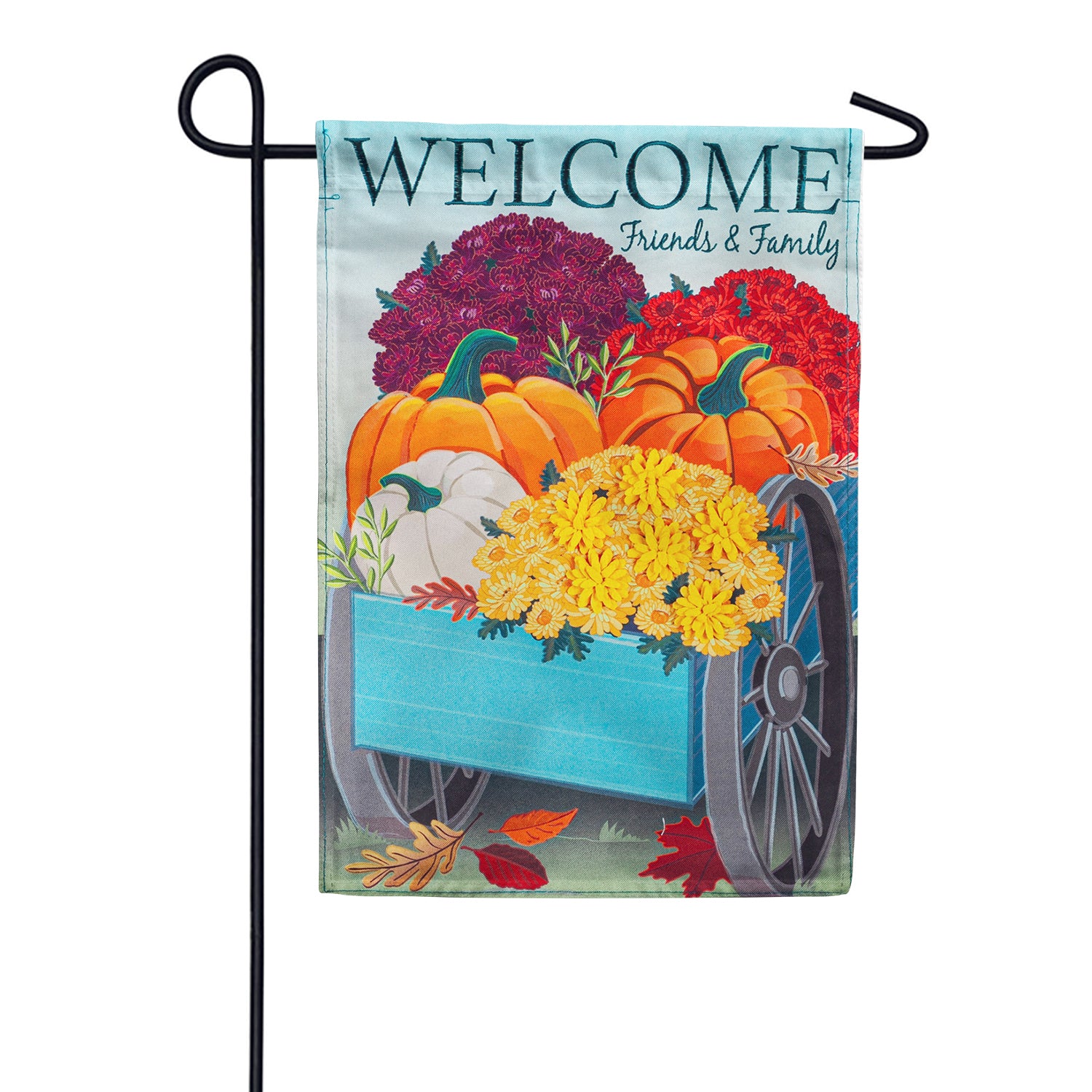 Flowers and Pumpkin Wagon Linen Garden Flag