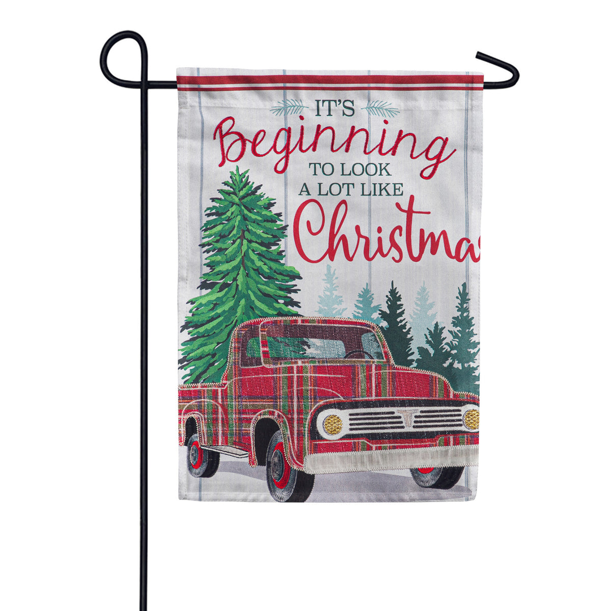 Evergreen Plaid Christmas Truck Linen Garden Flag