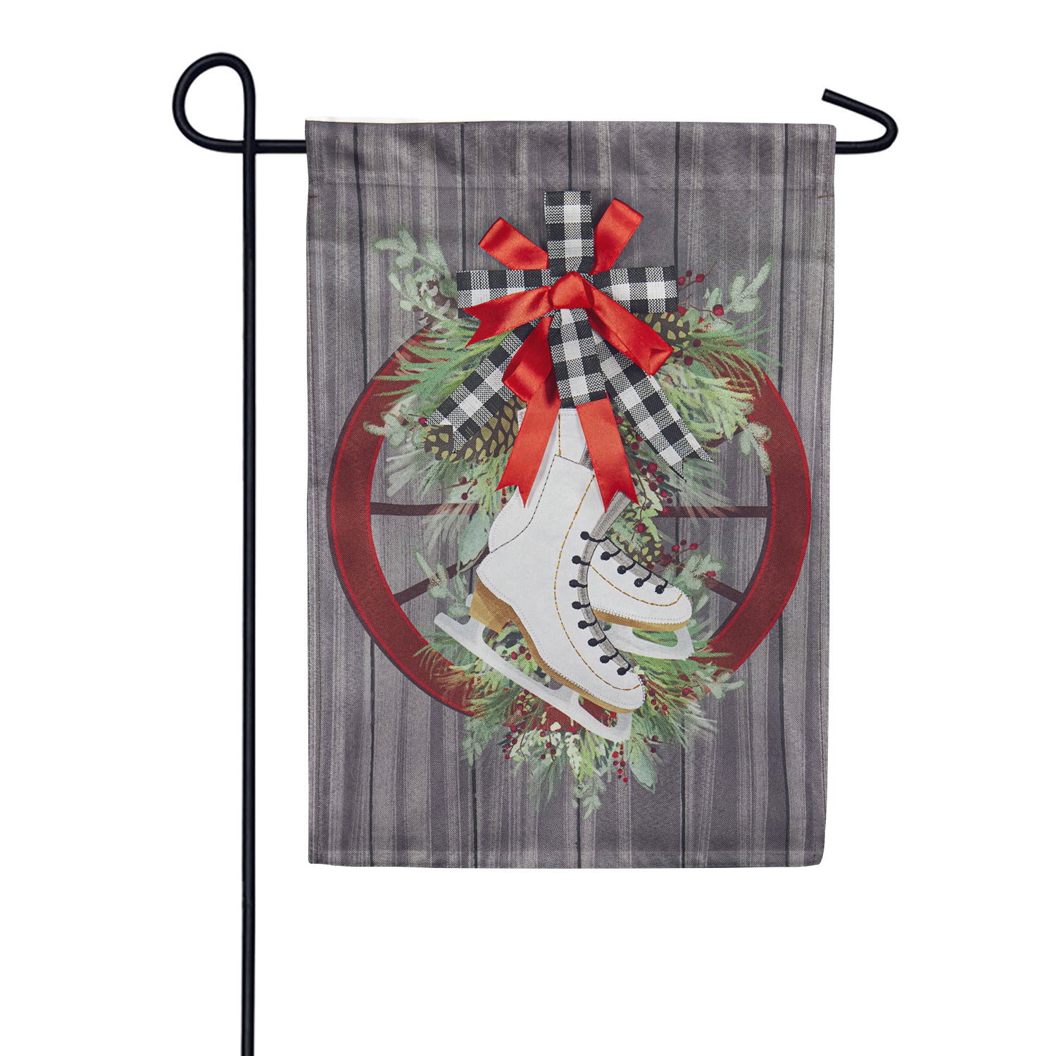 Evergreen Ribbon and Skis Linen Garden Flag