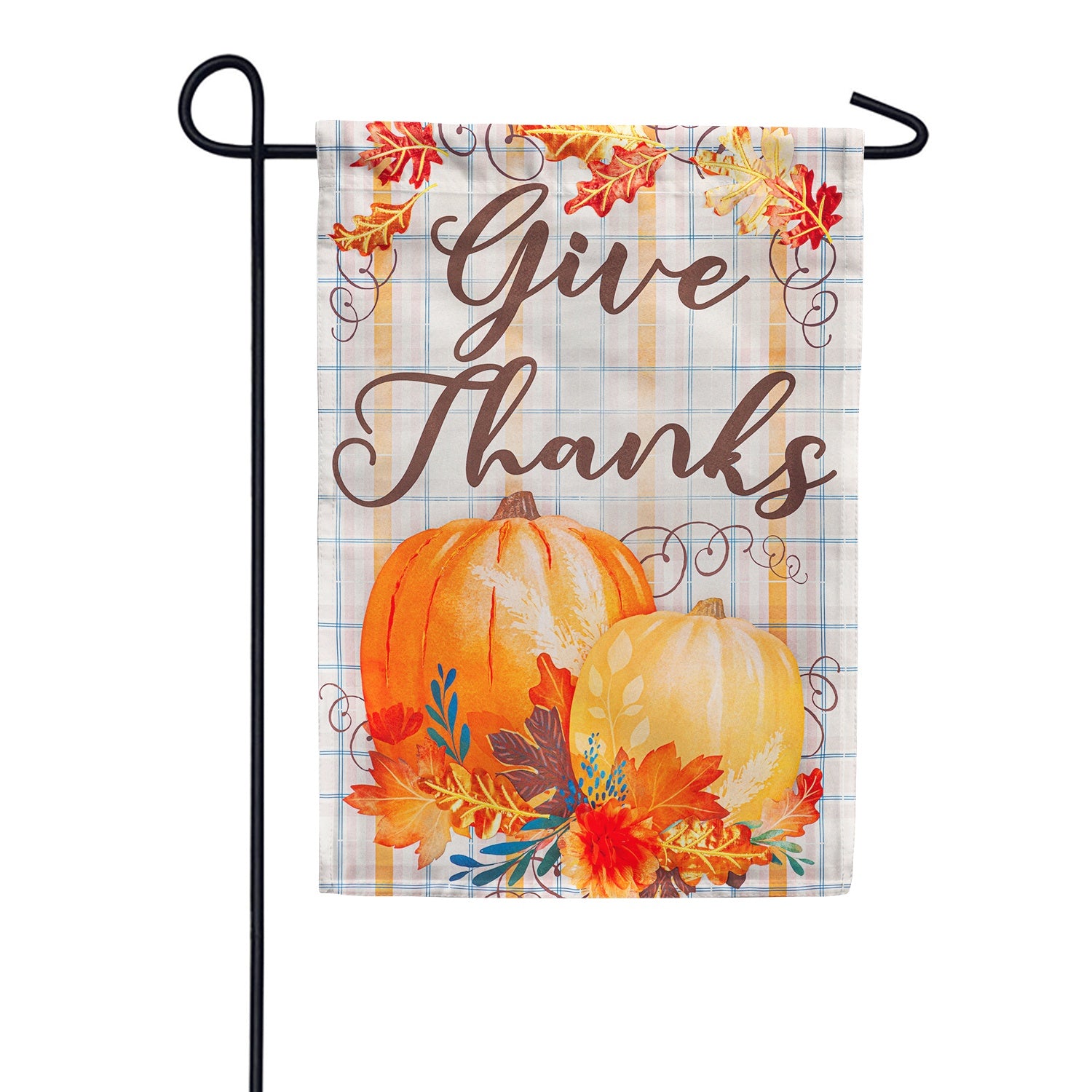 Plaid Pumpkin Greetings Linen Garden Flag