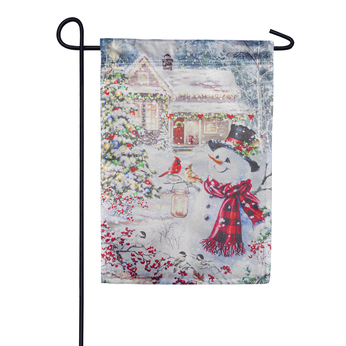 Evergreen Cottage in the Snow Lustre Garden Flag
