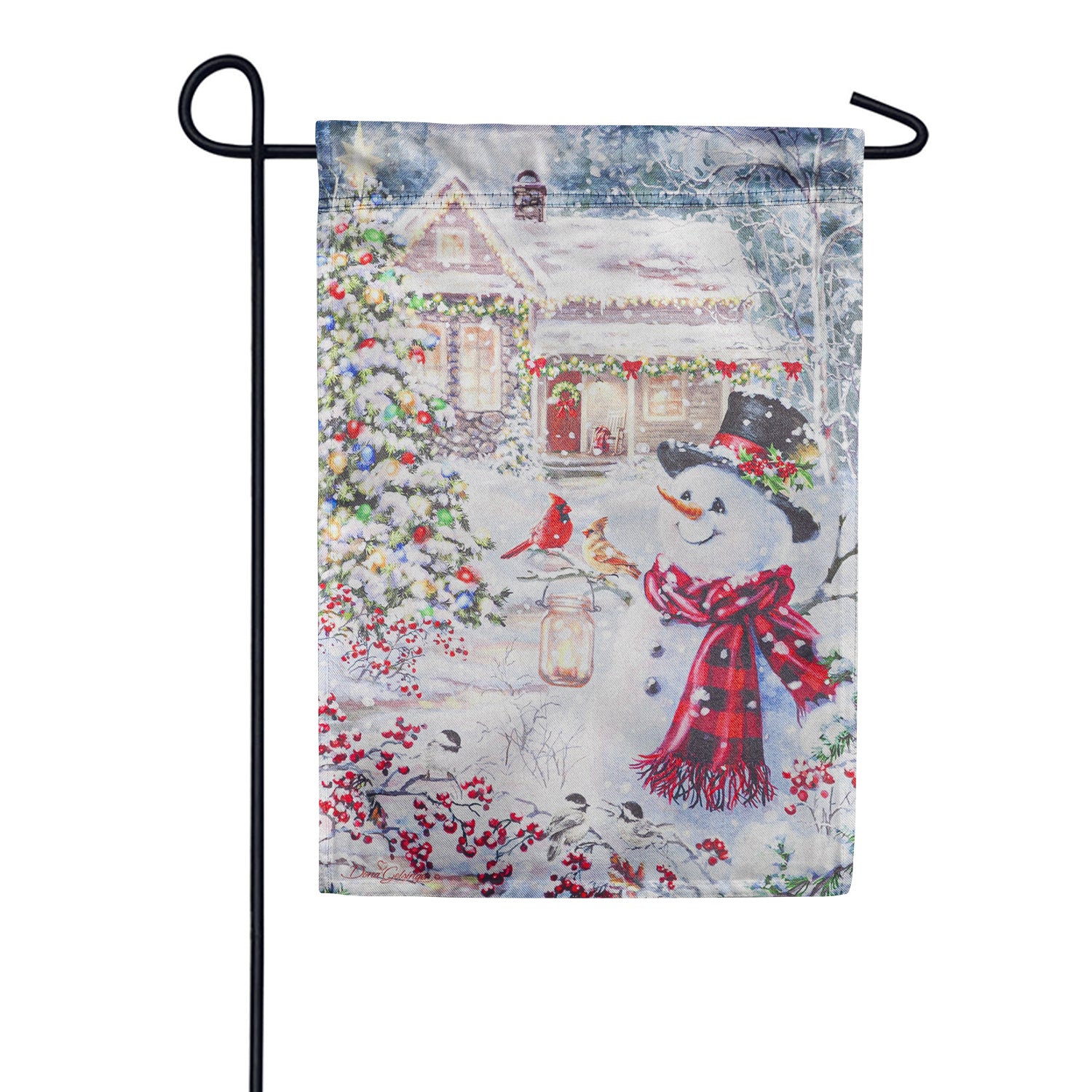 Evergreen Cottage in the Snow Lustre Garden Flag