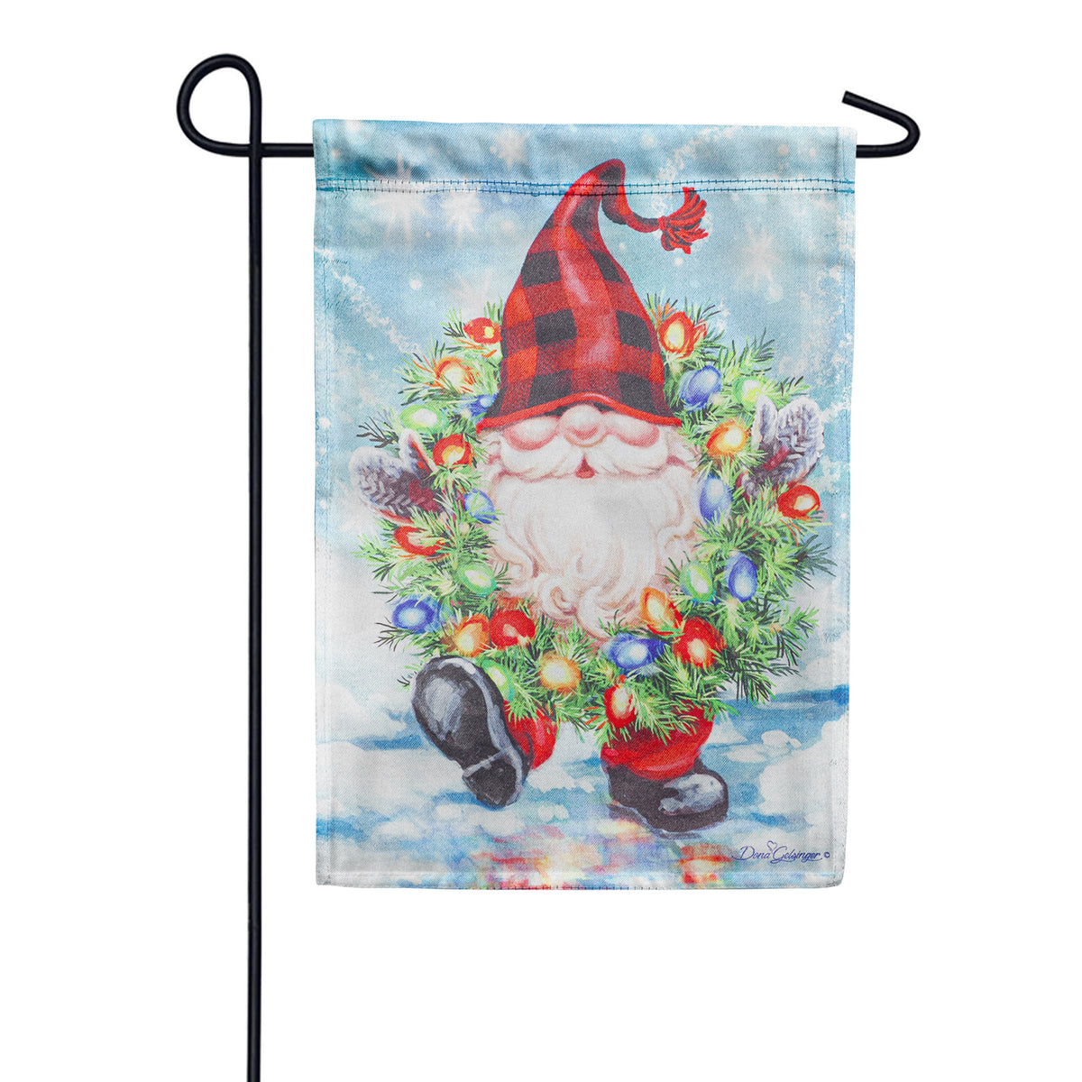 Evergreen Gnome with a Christmas Wreath Garden Flag