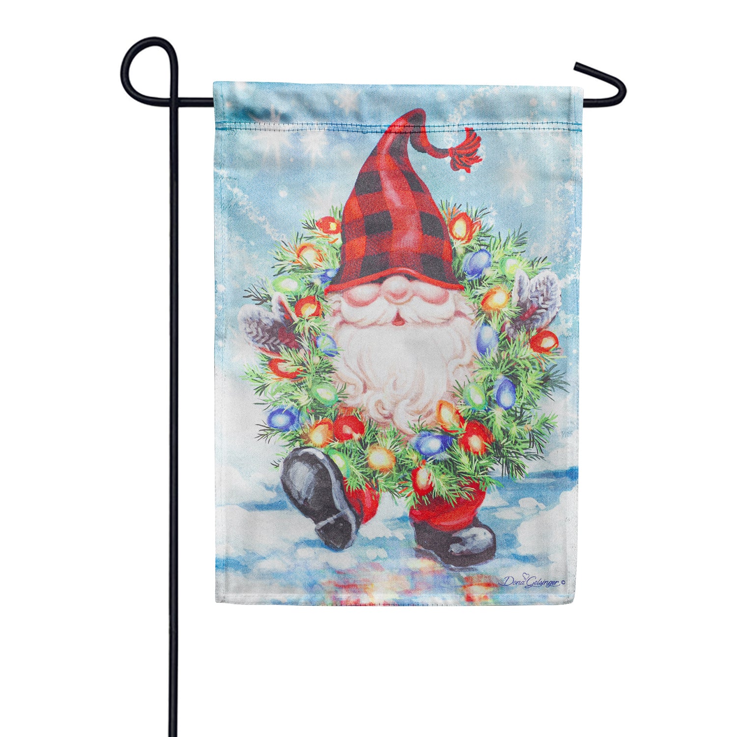 Evergreen Gnome with a Christmas Wreath Garden Flag