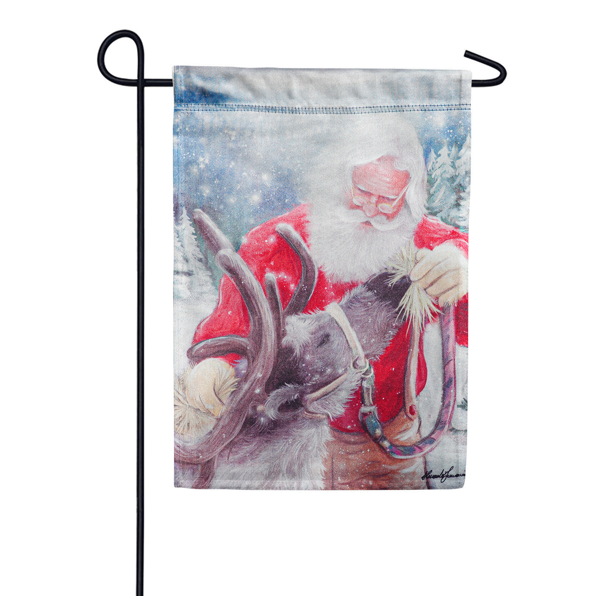 Evergreen Santa and His Reindeer Lustre Garden Flag