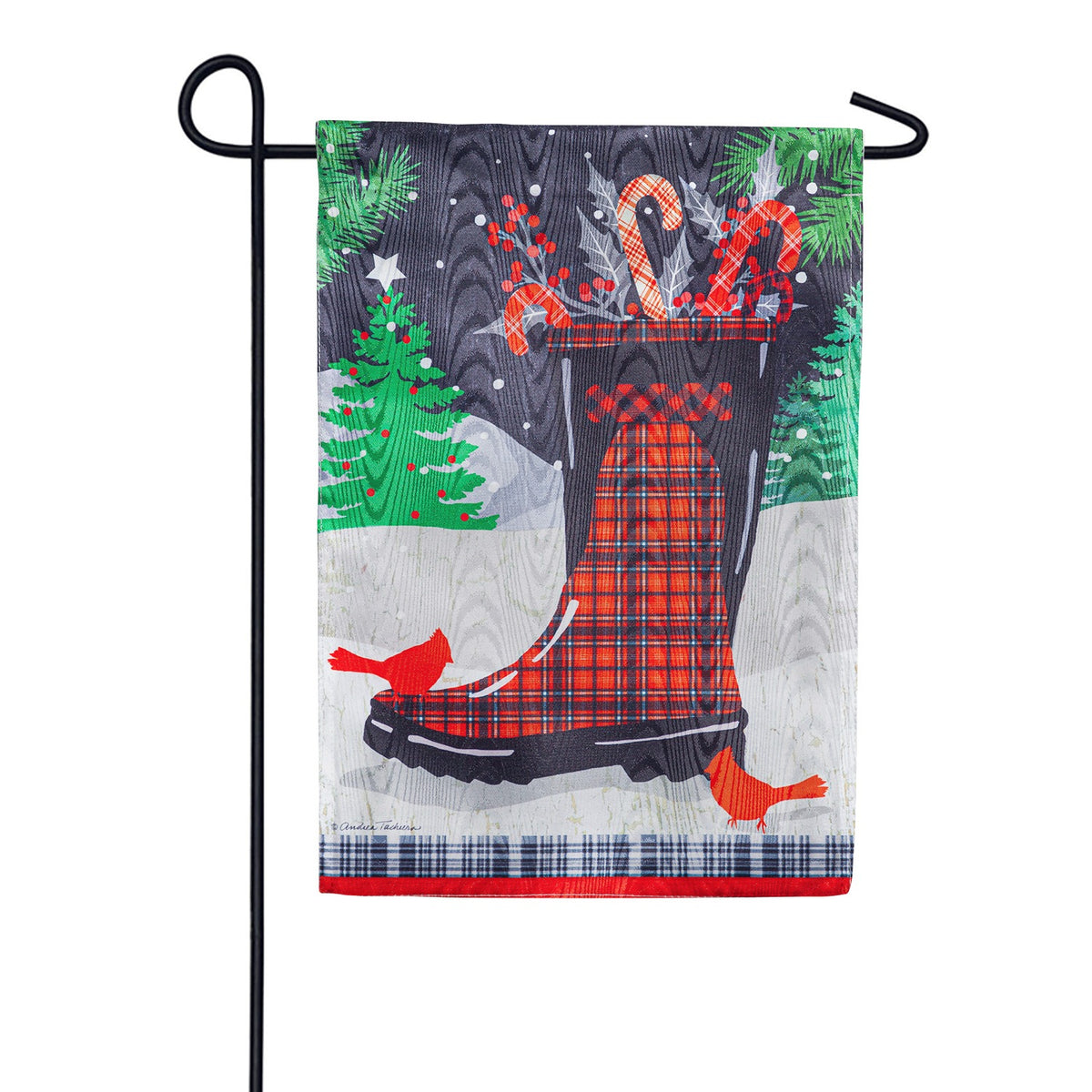 Evergreen Holiday Plaid Boot Garden Flag