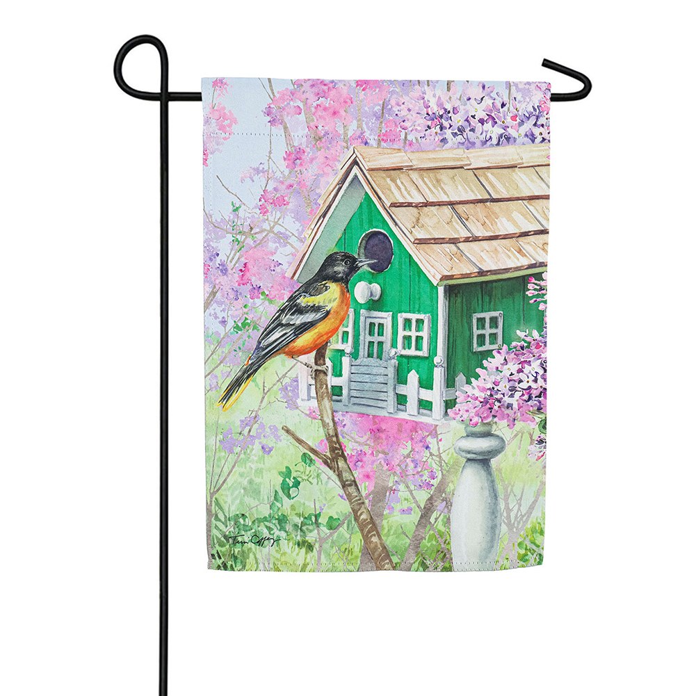 Evergreen Spring Birdhouse Suede Garden Flag