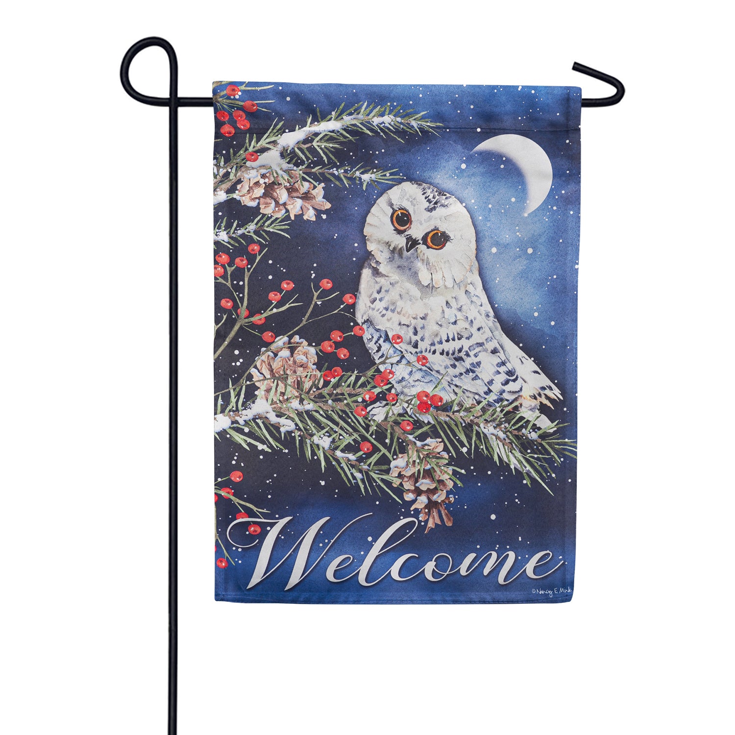 Owl's Winter Greeting Suede Double Sided Garden Flag