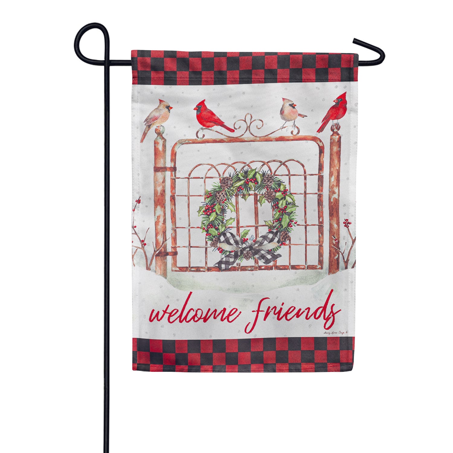 Evergreen Welcome Friends Cardinal Fence Suede Garden Flag