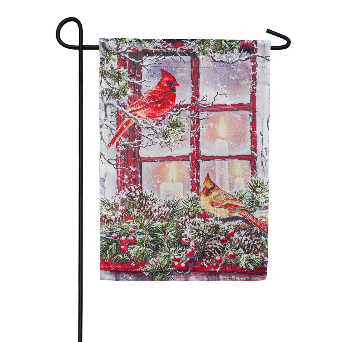 Evergreen Cardinals in the Window Suede Garden Flag