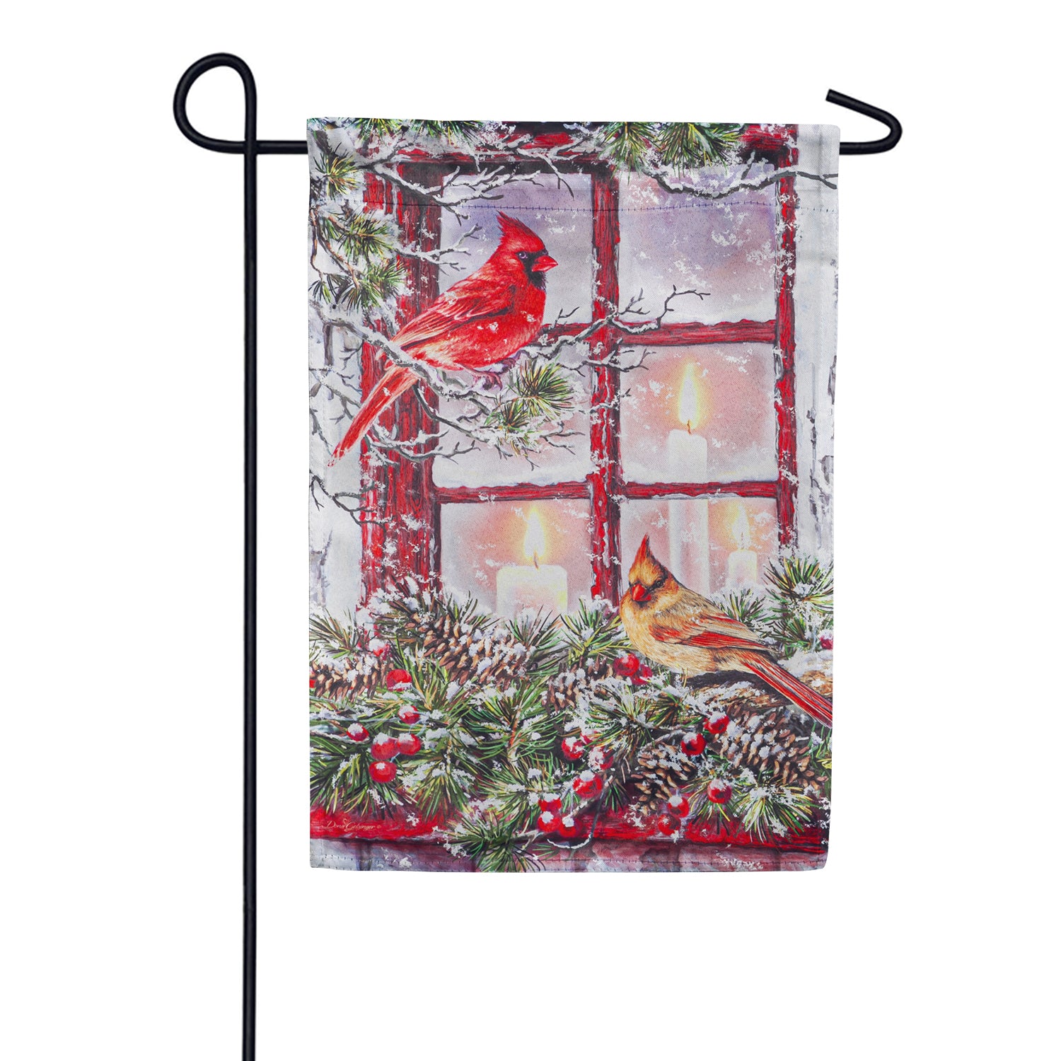 Evergreen Cardinals in the Window Suede Garden Flag