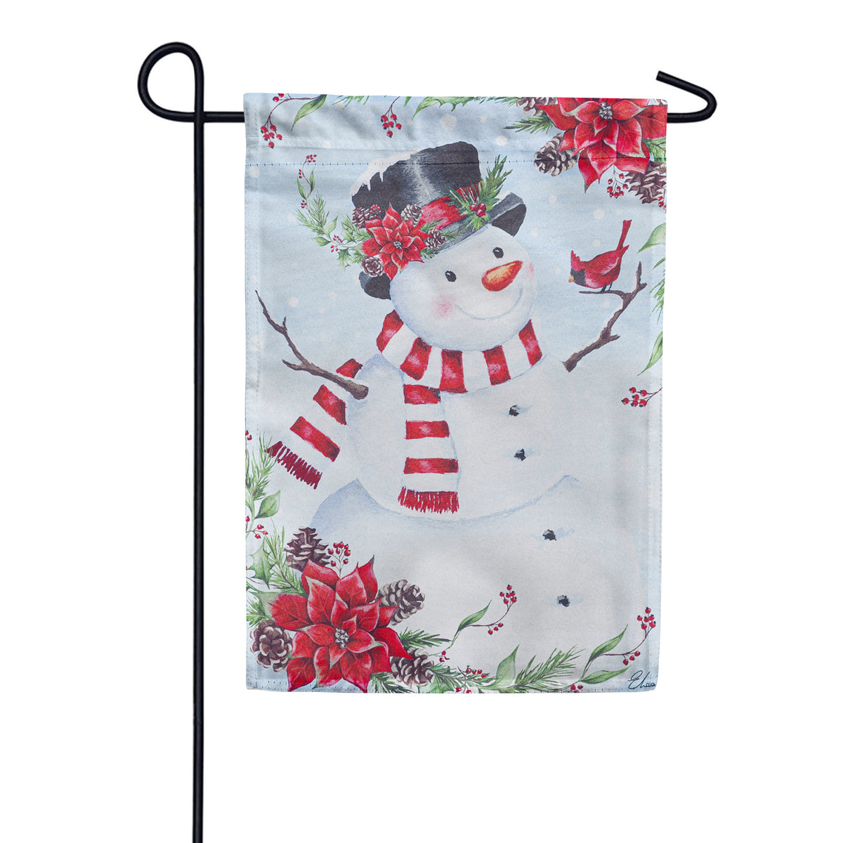 Evergreen Poinsettia Snowman Suede Garden Flag