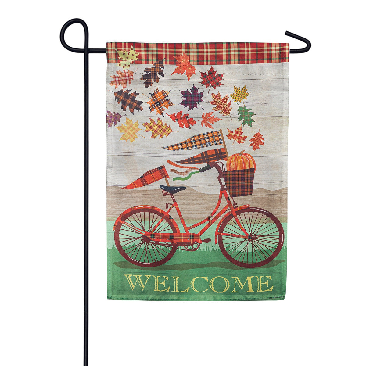 Evergreen Fall Bicycle Plaid Garden Flag