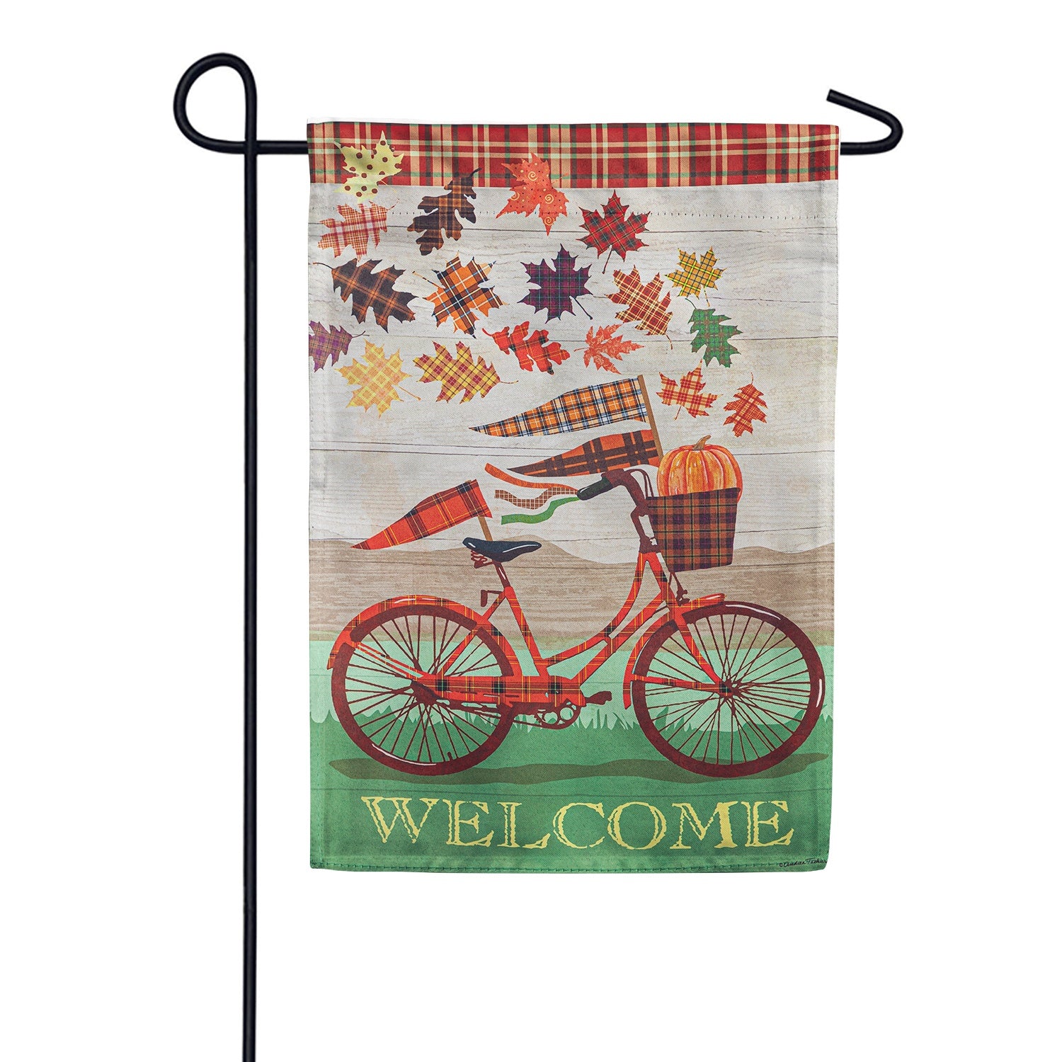 Evergreen Fall Bicycle Plaid Garden Flag