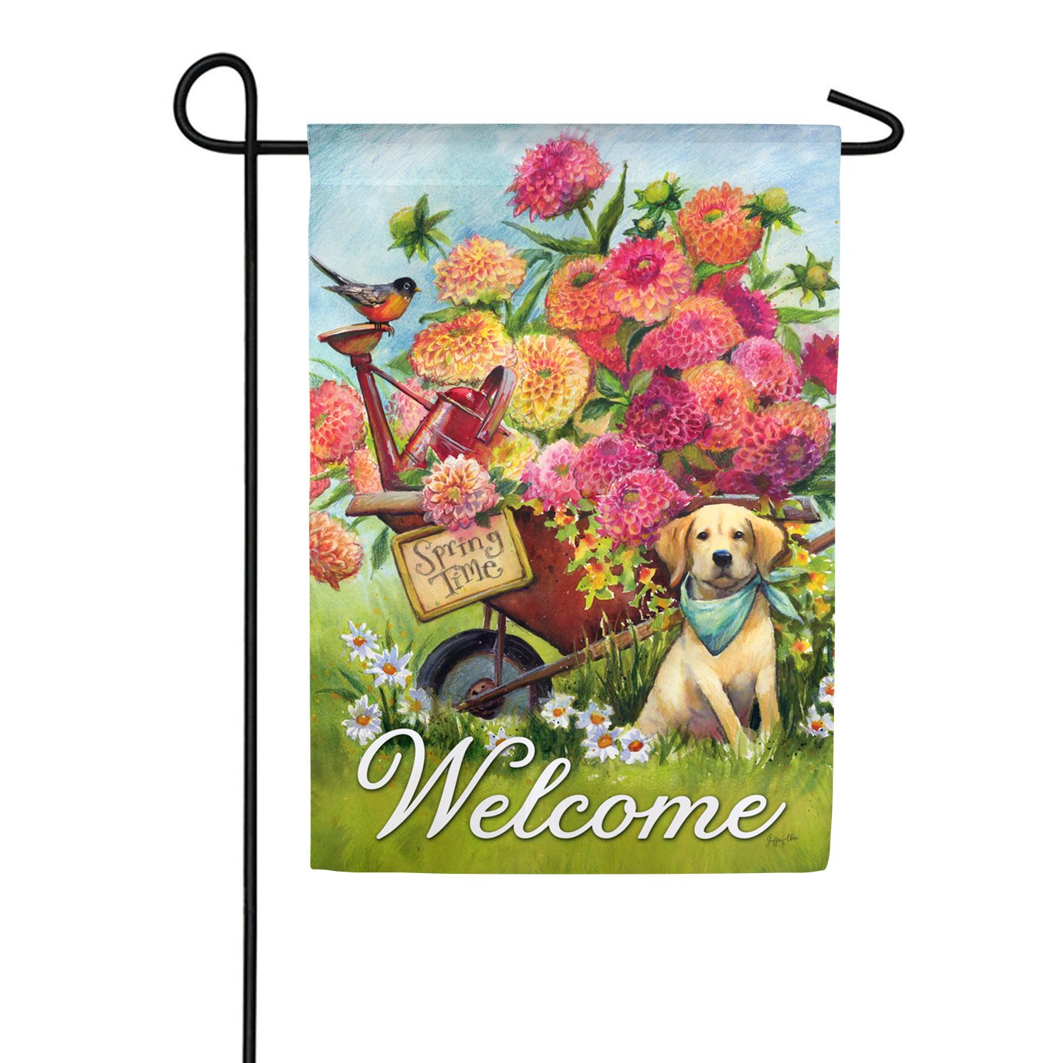 Evergreen Spring Wheelbarrow Suede Garden Flag