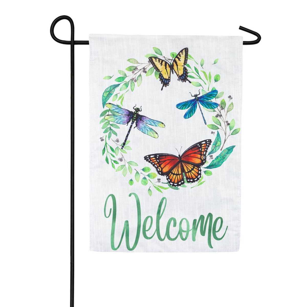 Evergreen Butterfly & Dragonfly Wreath Strie Garden Flag