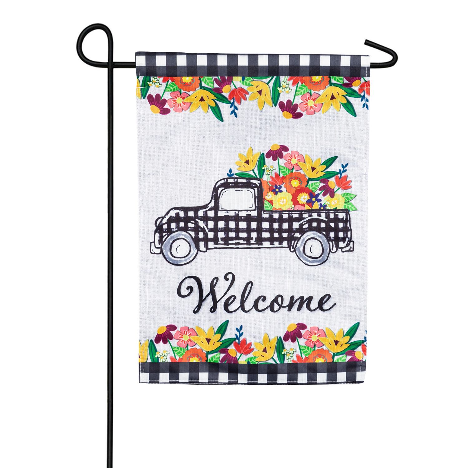 Evergreen Plaid Truck Floral Strie Garden Flag