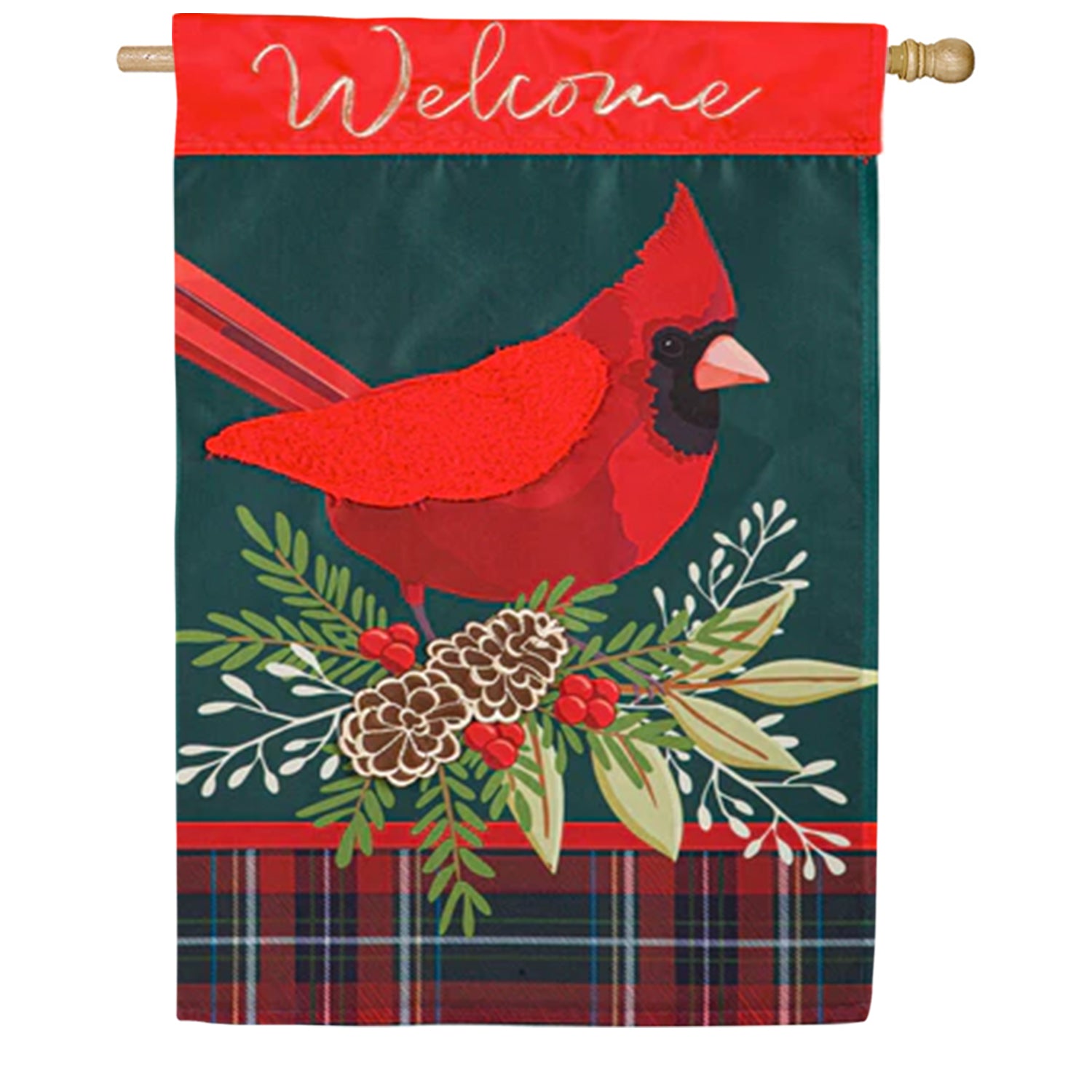 Plaid Cardinal Appliqued House Flag