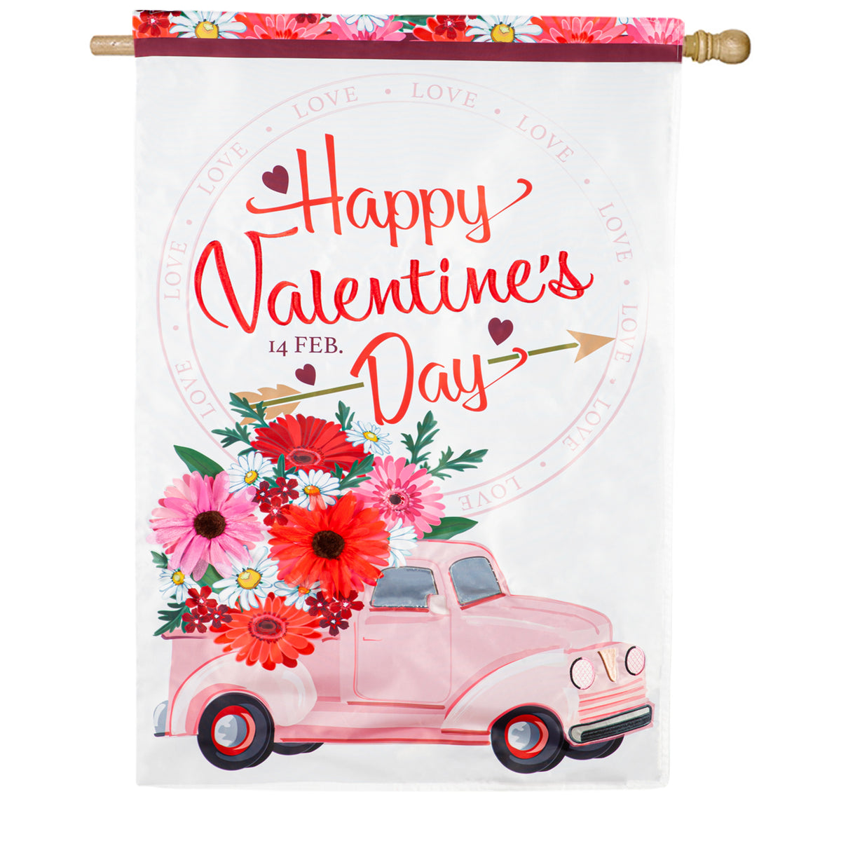 Evergreen Valentine's Flower Truck Double Appliqued House Flag