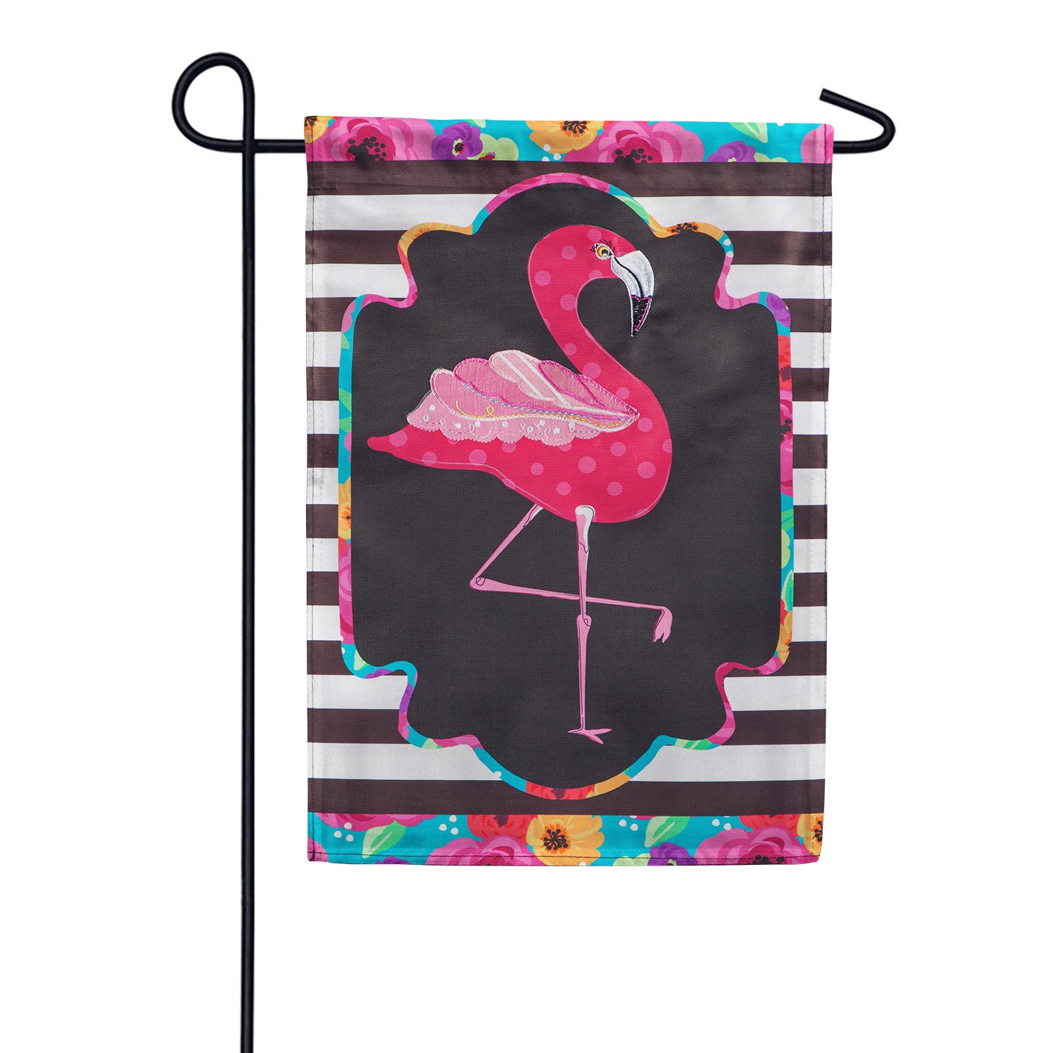 Flamingo Stripes and Flowers Appliqued Garden Flag