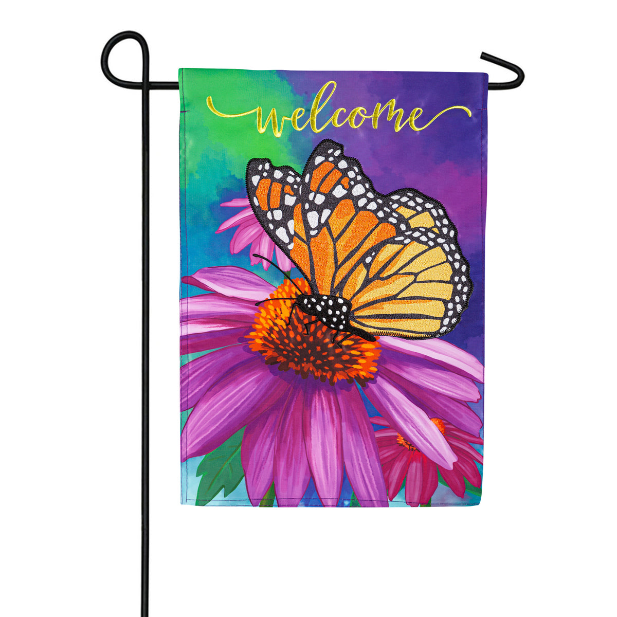 Evergreen Coneflower & Butterfly Applique Garden Flag