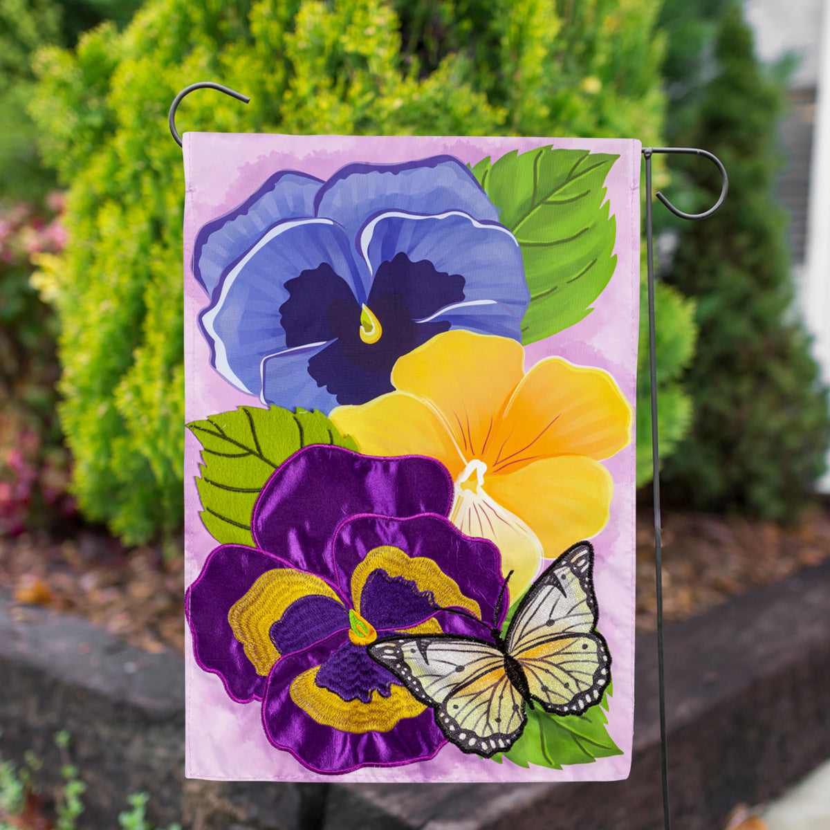 Evergreen Pansy & Butterfly Double Appliqued Garden Flag