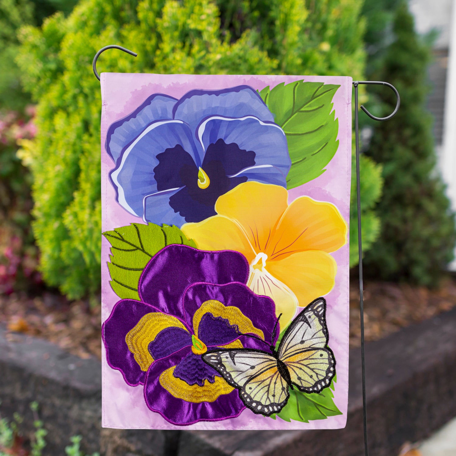 Evergreen Pansy & Butterfly Double Appliqued Garden Flag